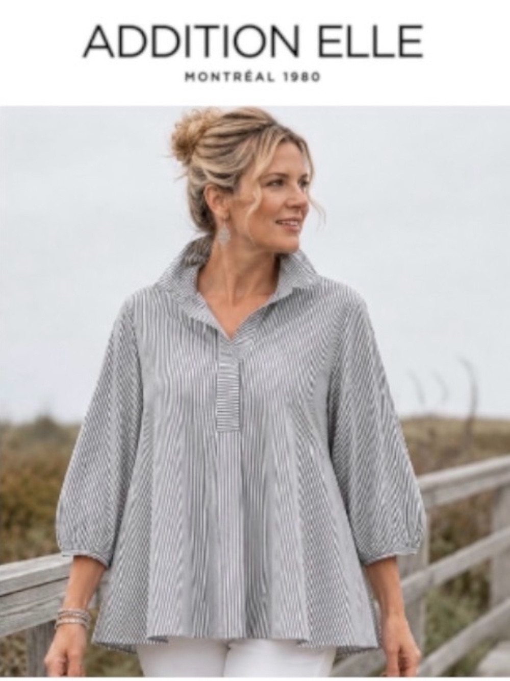 5X Addition Elle Striped Cotton Trapeze Tunic in Gray and White